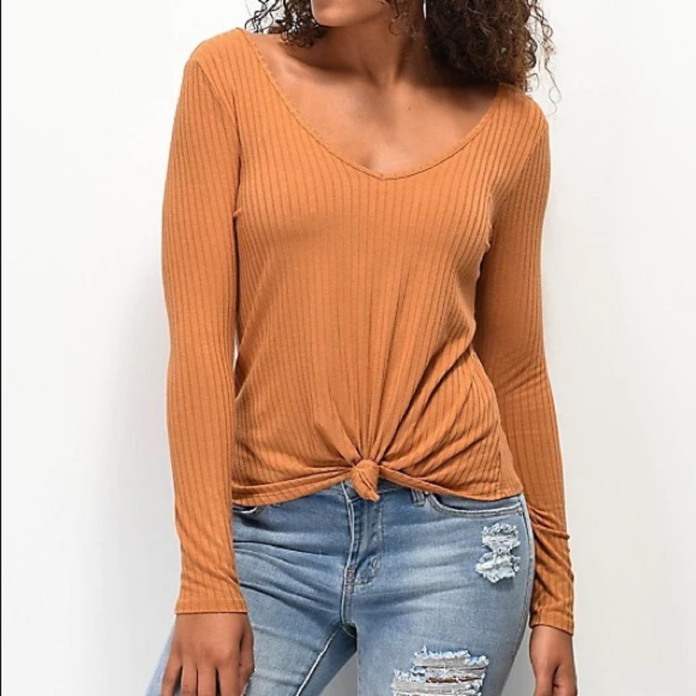 Love, Fire Keely Ribbed Knot Front Cashew Long Sleeve Top